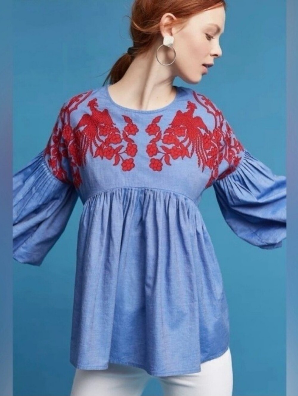 Anthropologie Hemant & Nandita Lianna Embroidered Blue Blouse Size Small Boho